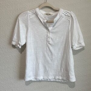 BODEN White Lace Trim Henley Tunic Top Short Sleeve Women Size 2 Preppy Office